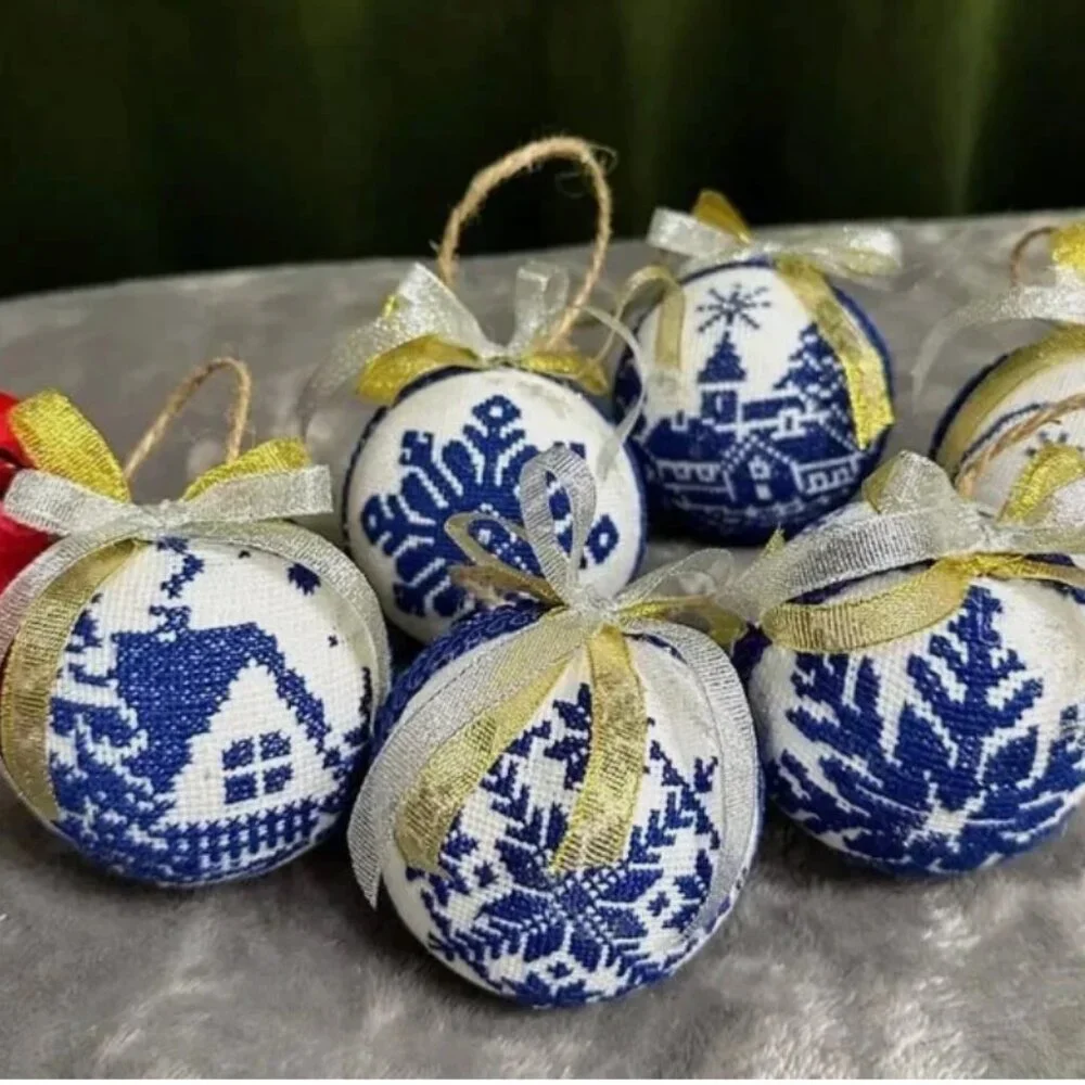 Set of 6 Handcrafted Embroidered Christmas Ornaments–Blue and White Nordic Style - Picture 9 of 13